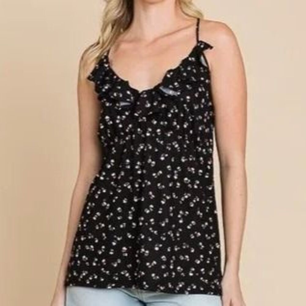Ruffle V Neck Sleeveless Print Top